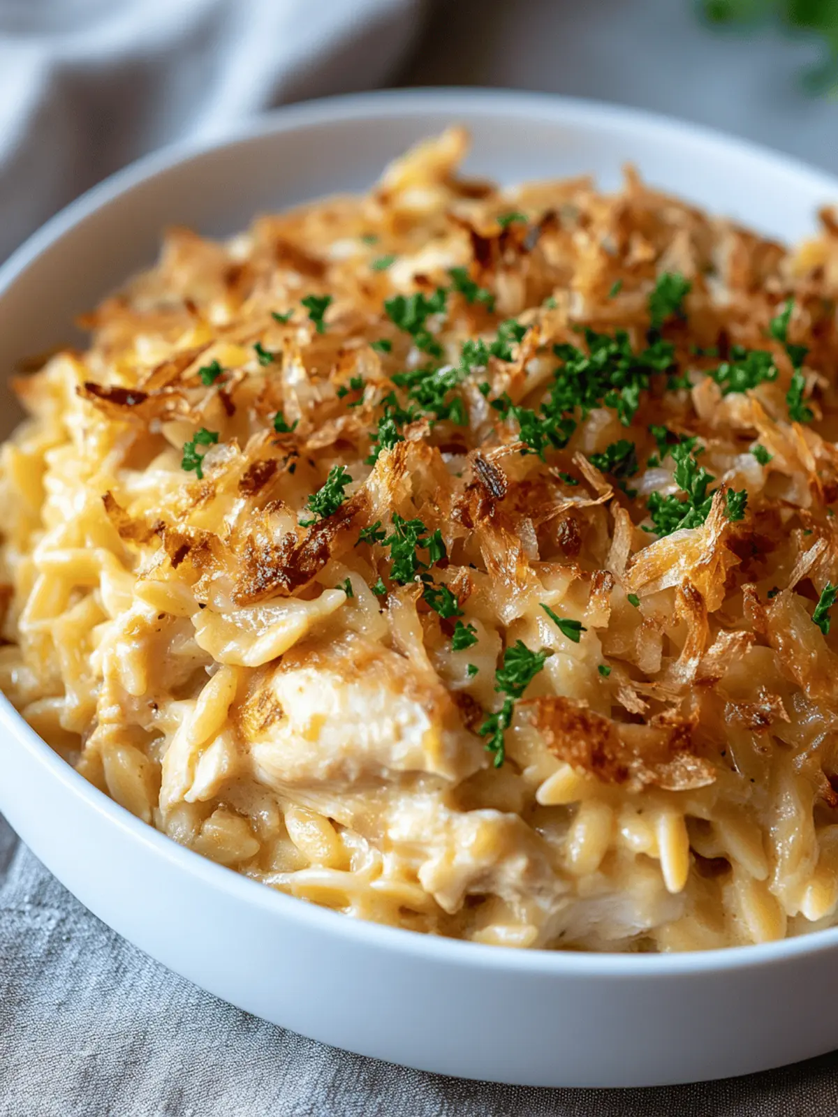 French Onion Chicken Orzo Casserole