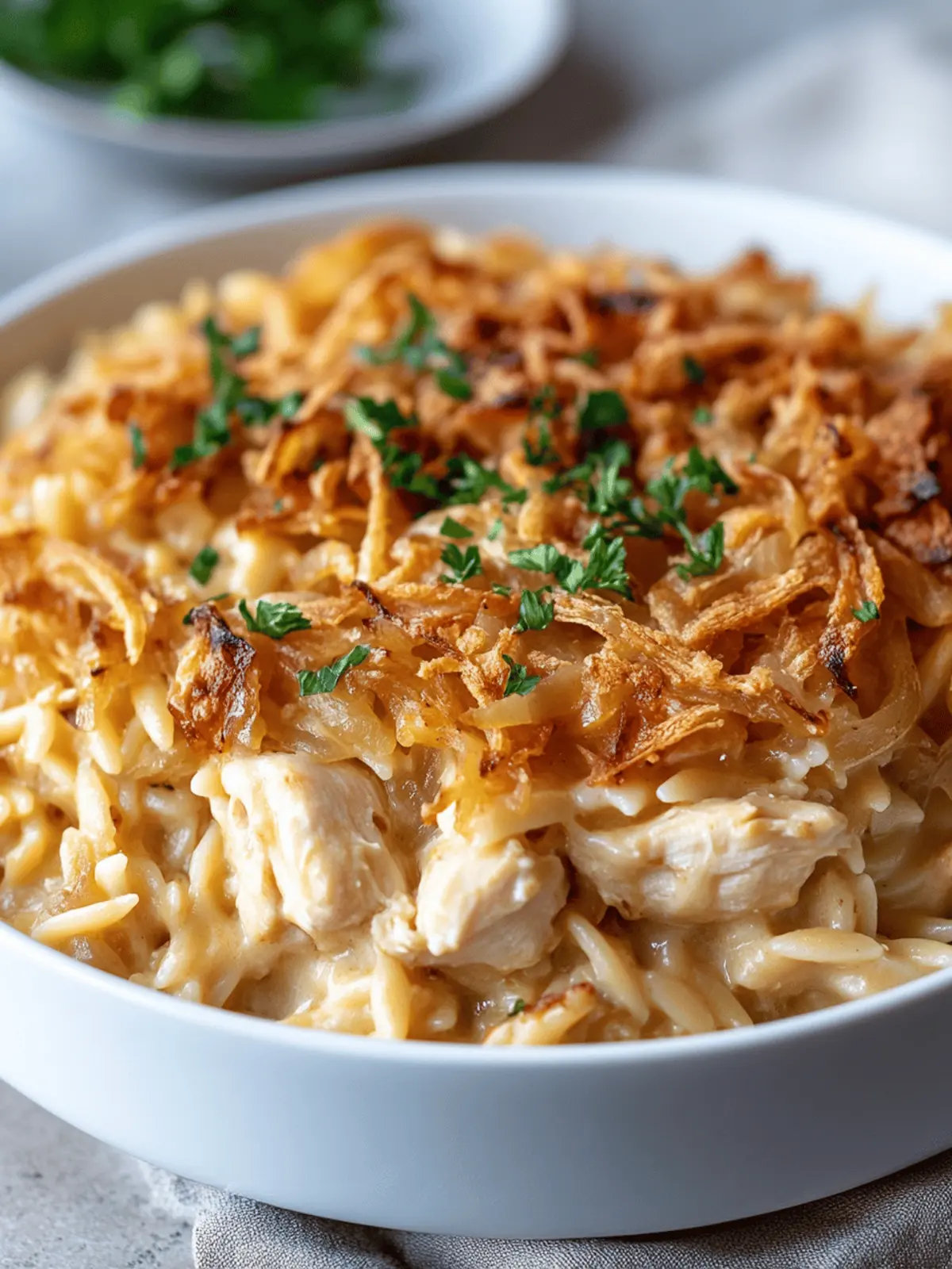 French Onion Chicken Orzo Casserole