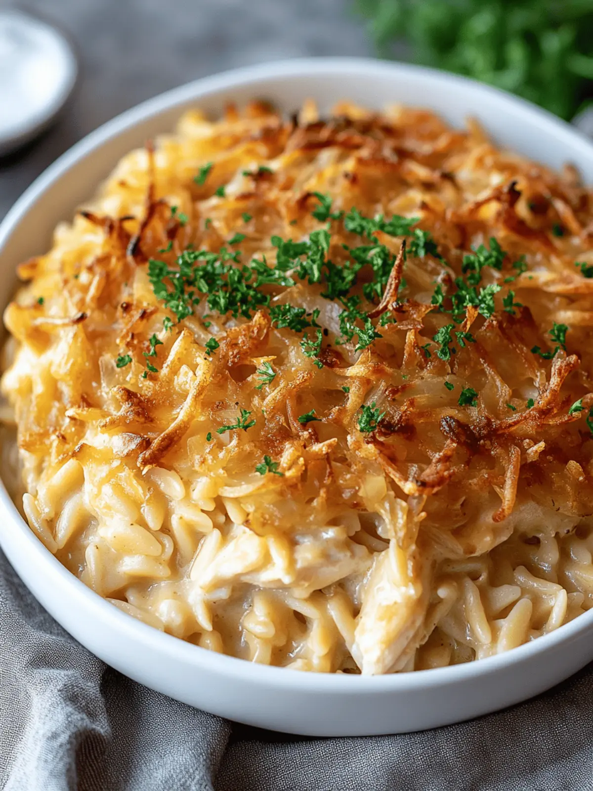 French Onion Chicken Orzo Casserole