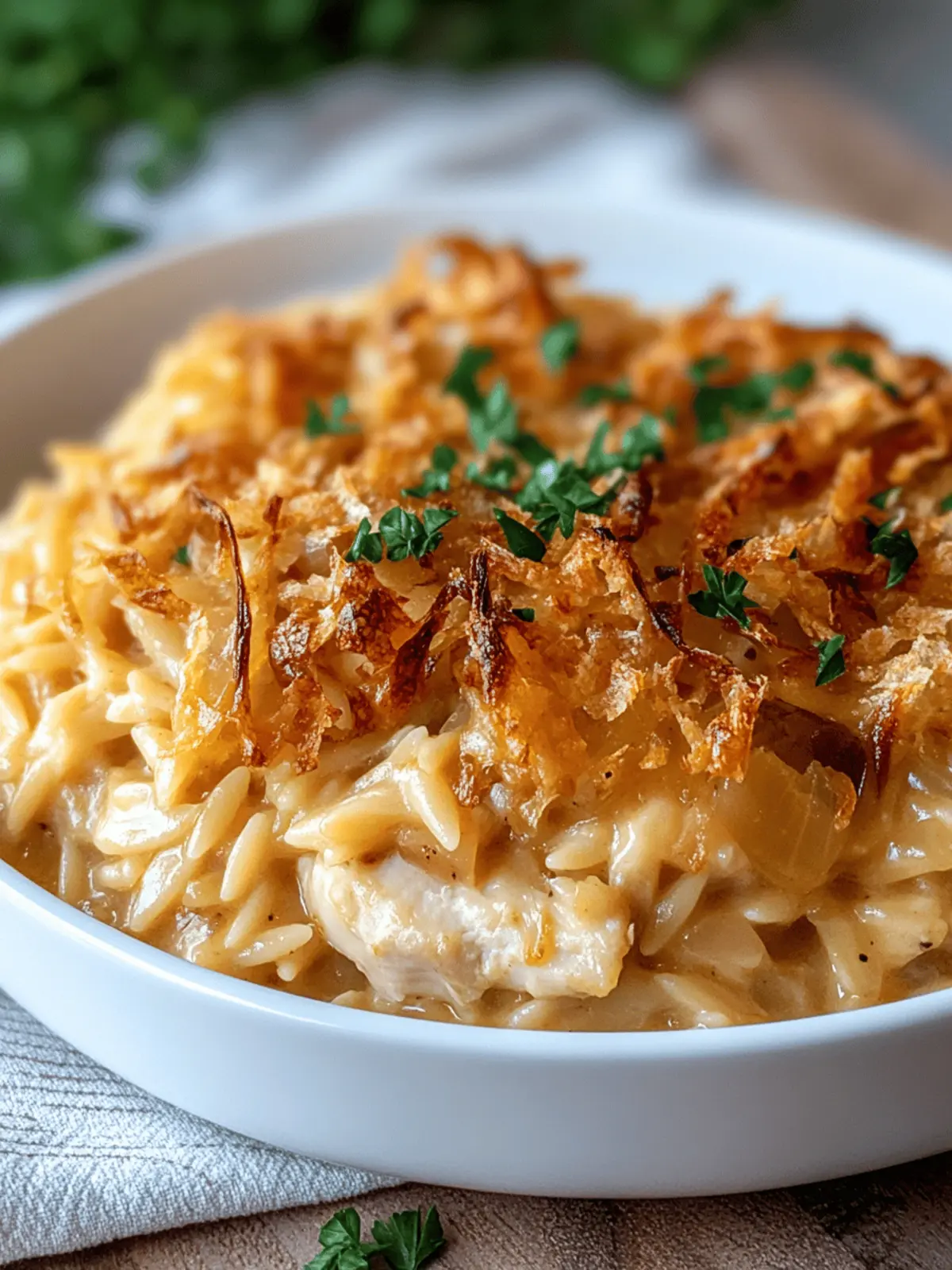French Onion Chicken Orzo Casserole