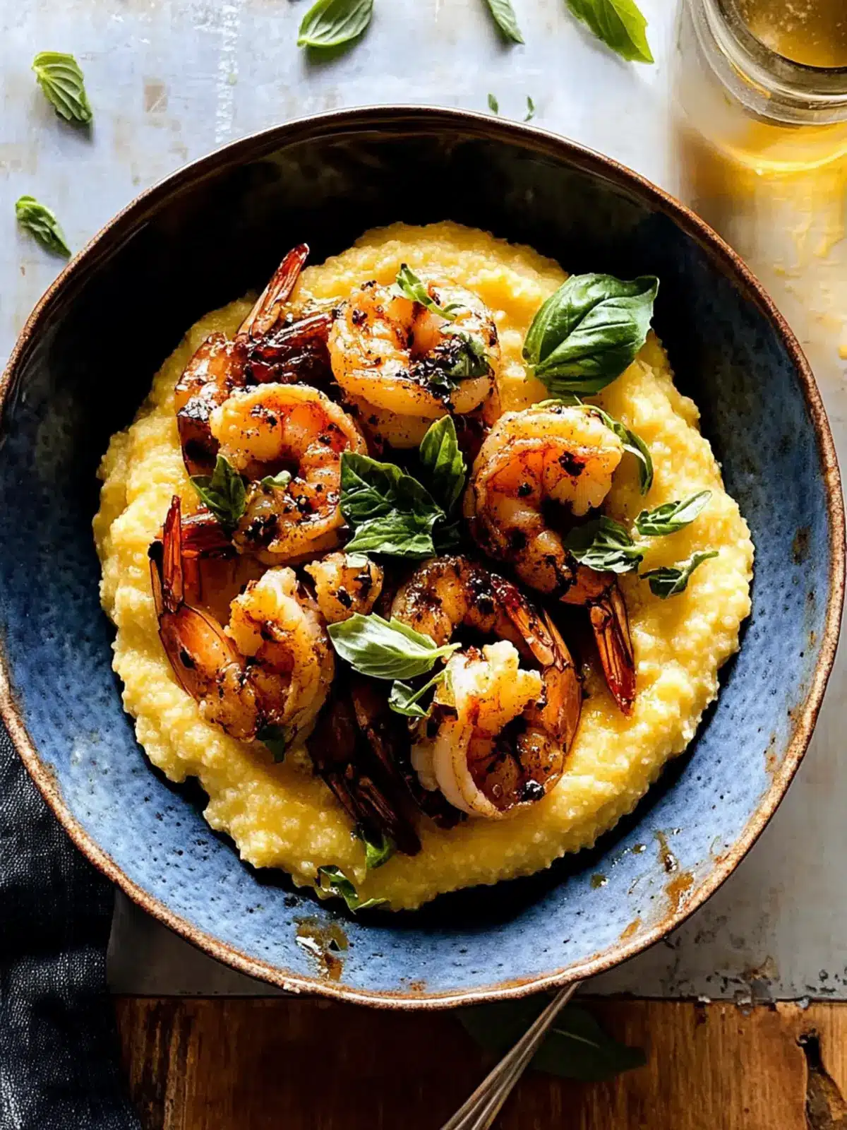 hot honey shrimp with cheddar polenta