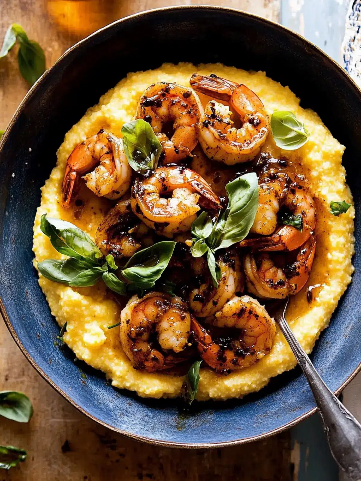 hot honey shrimp with cheddar polenta