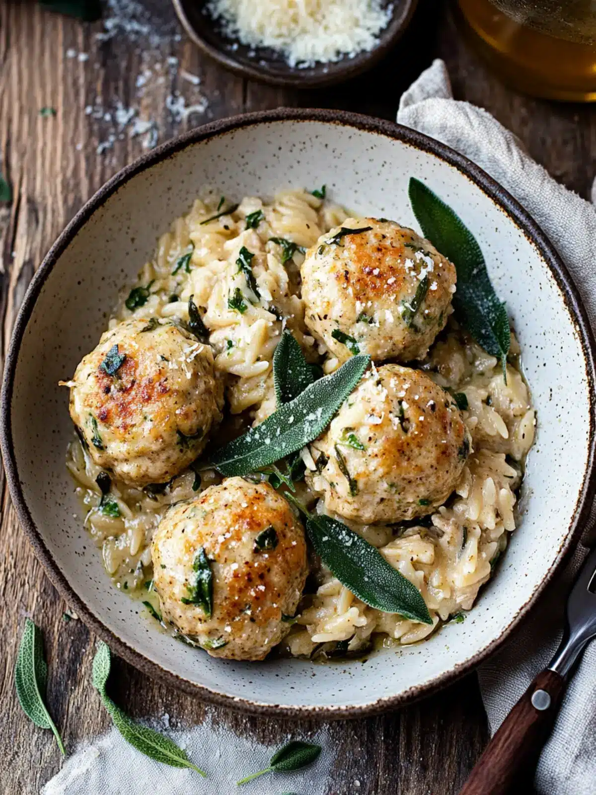Baked Sage Chicken Meatballs with Parmesan Orzo