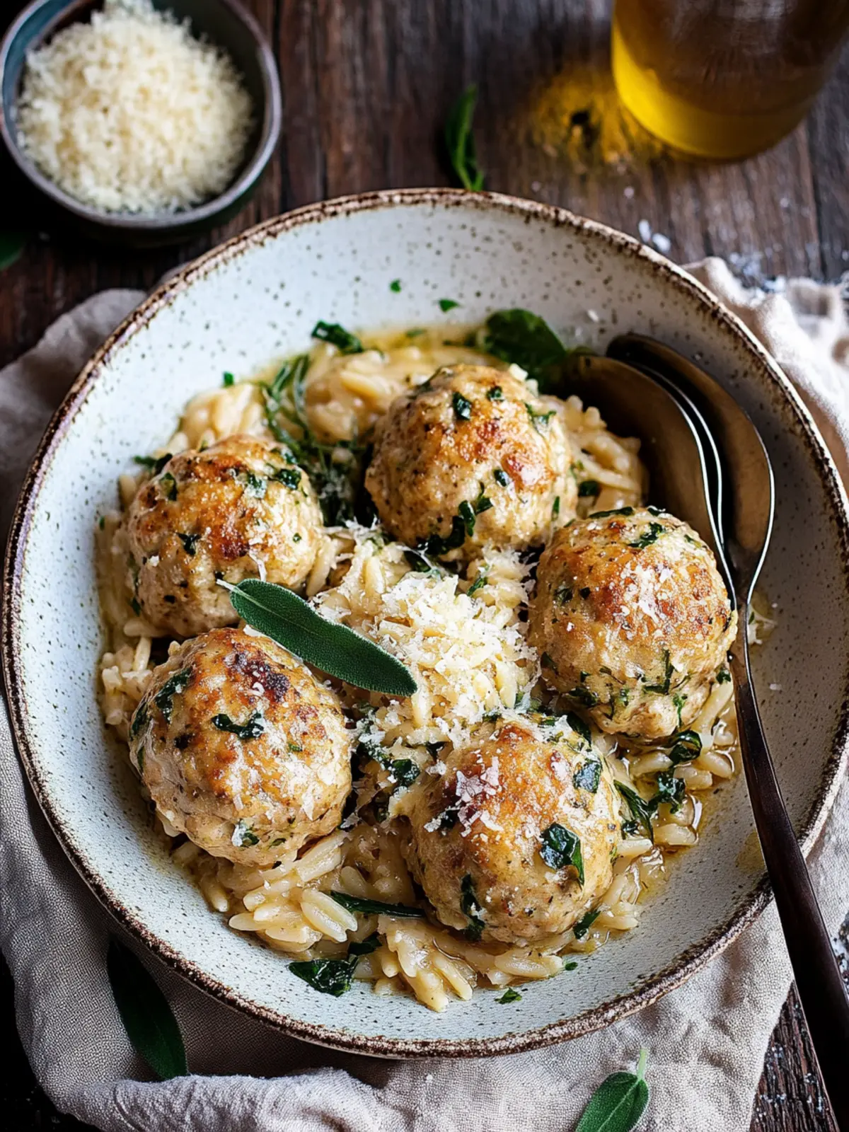 Baked Sage Chicken Meatballs with Parmesan Orzo
