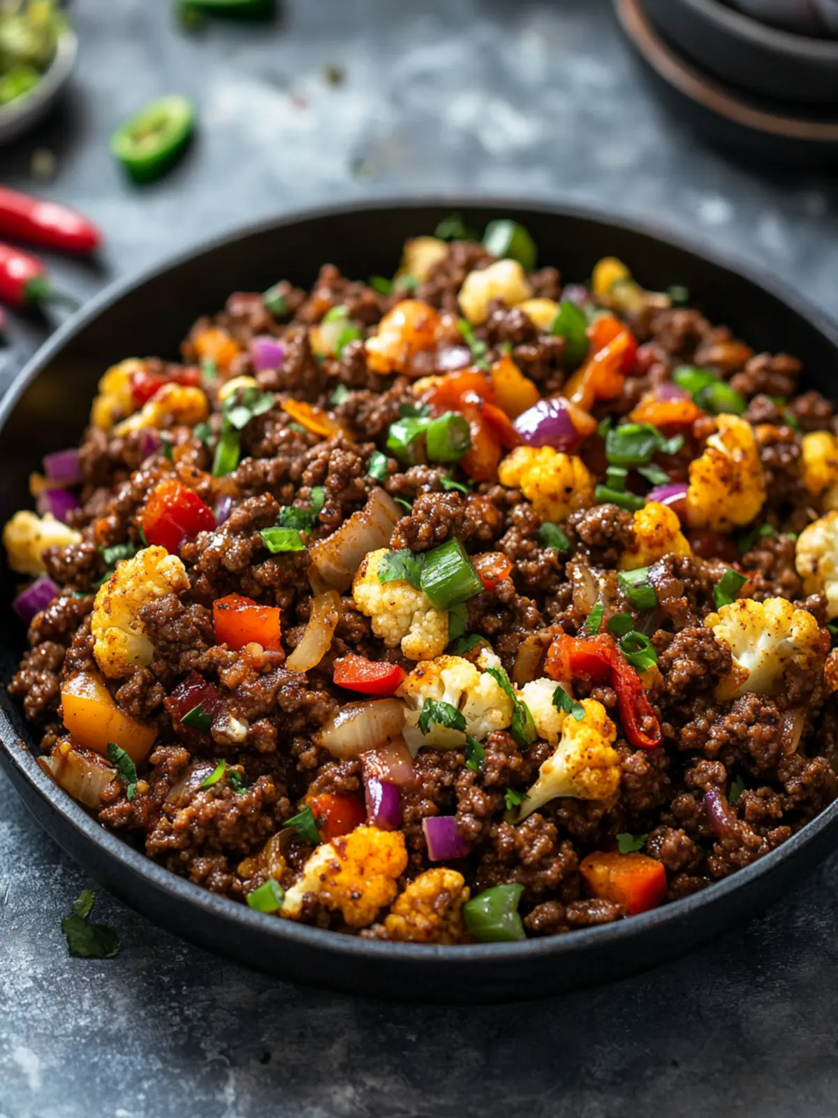 Crispy Chile Ground Beef and Cauliflower Protein