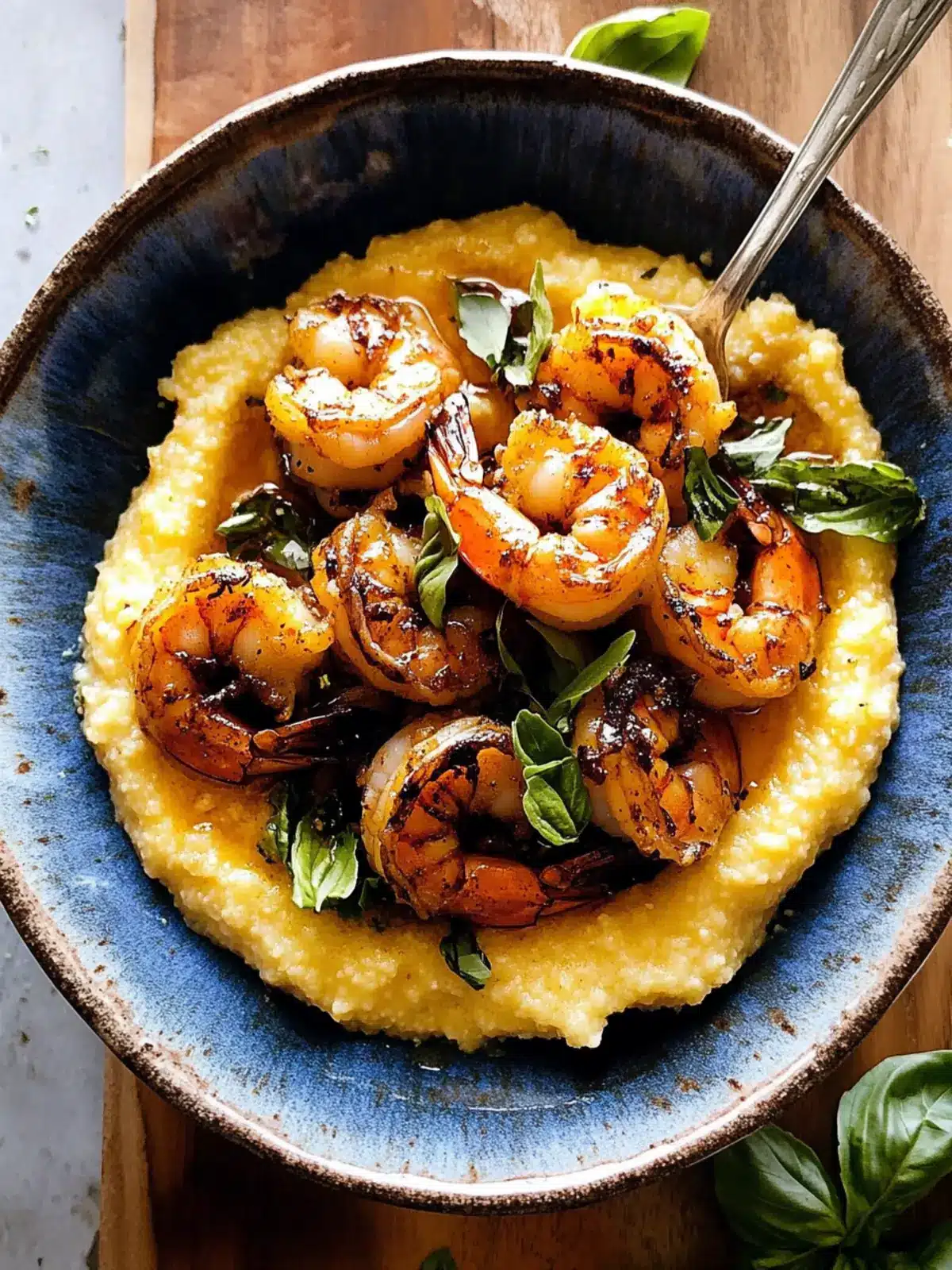 hot honey shrimp with cheddar polenta