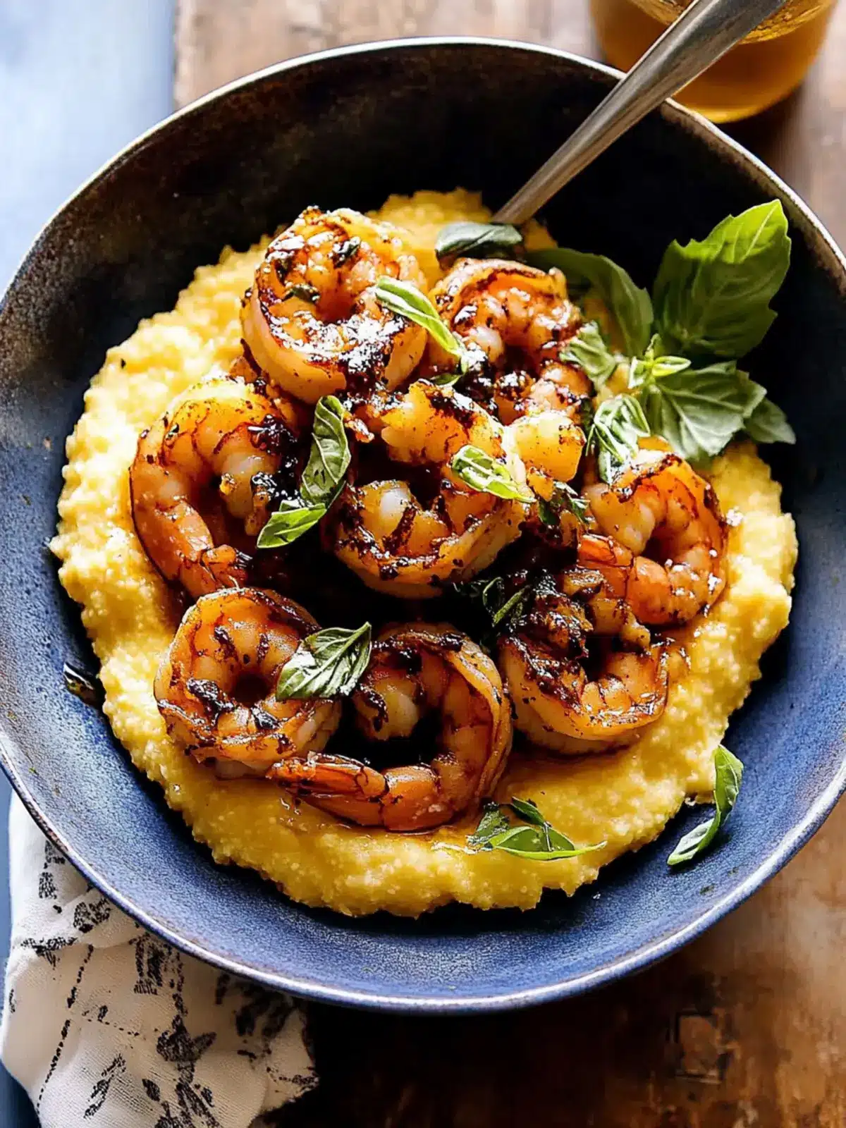 hot honey shrimp with cheddar polenta