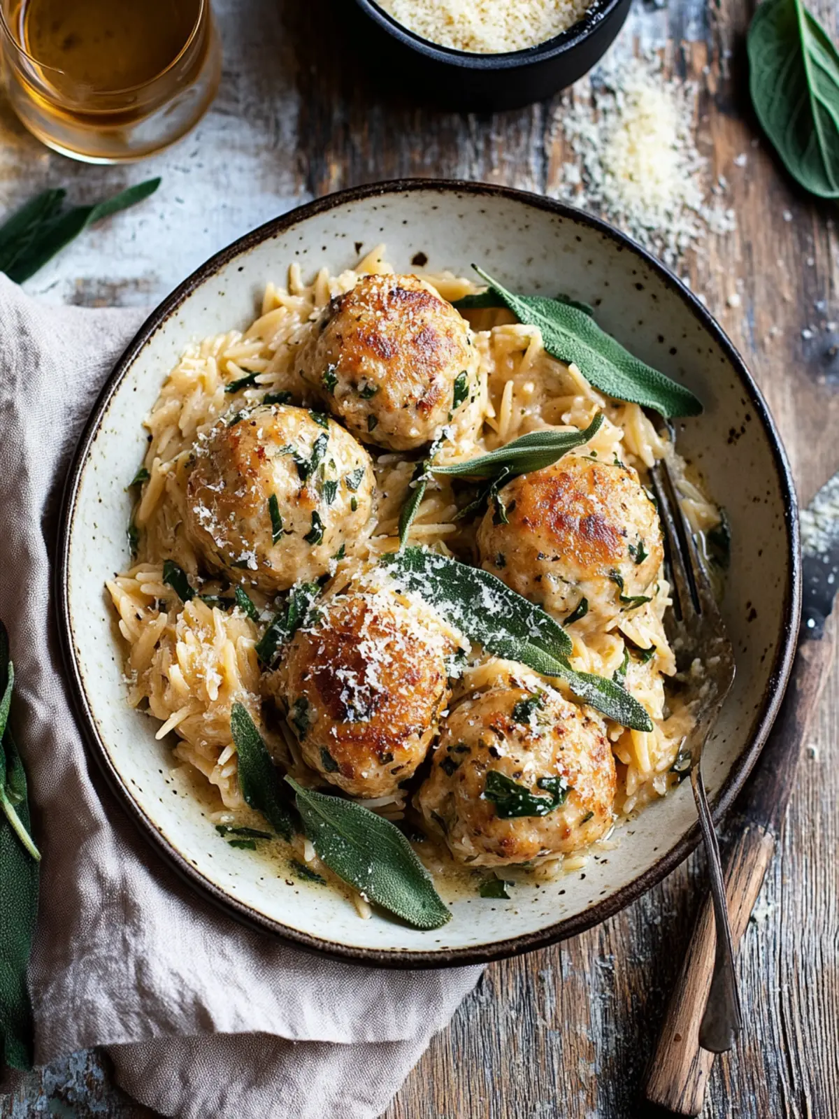 Baked Sage Chicken Meatballs with Parmesan Orzo