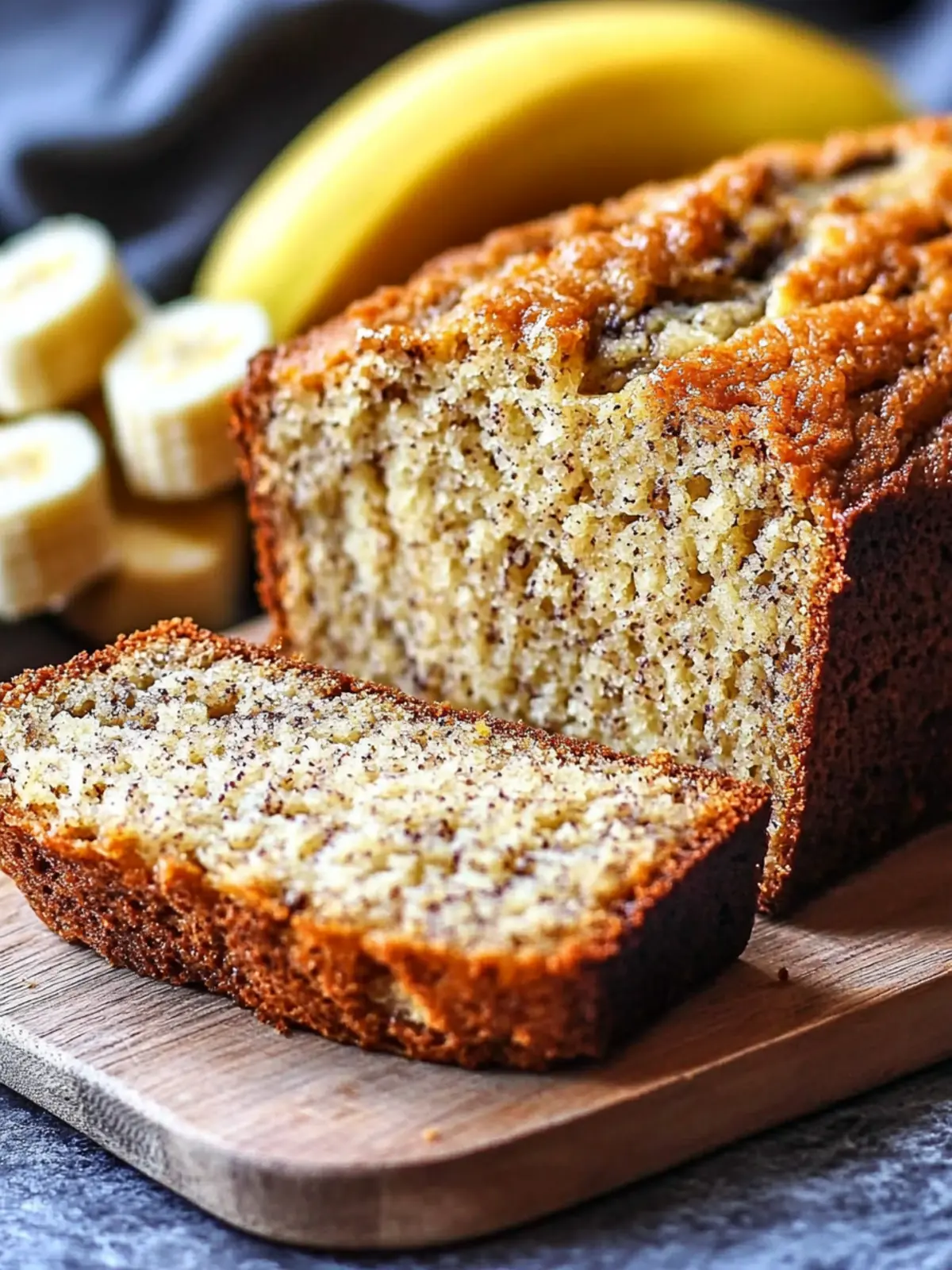 Freshly baked moist banana bread loaf sliced on a wooden cutting board