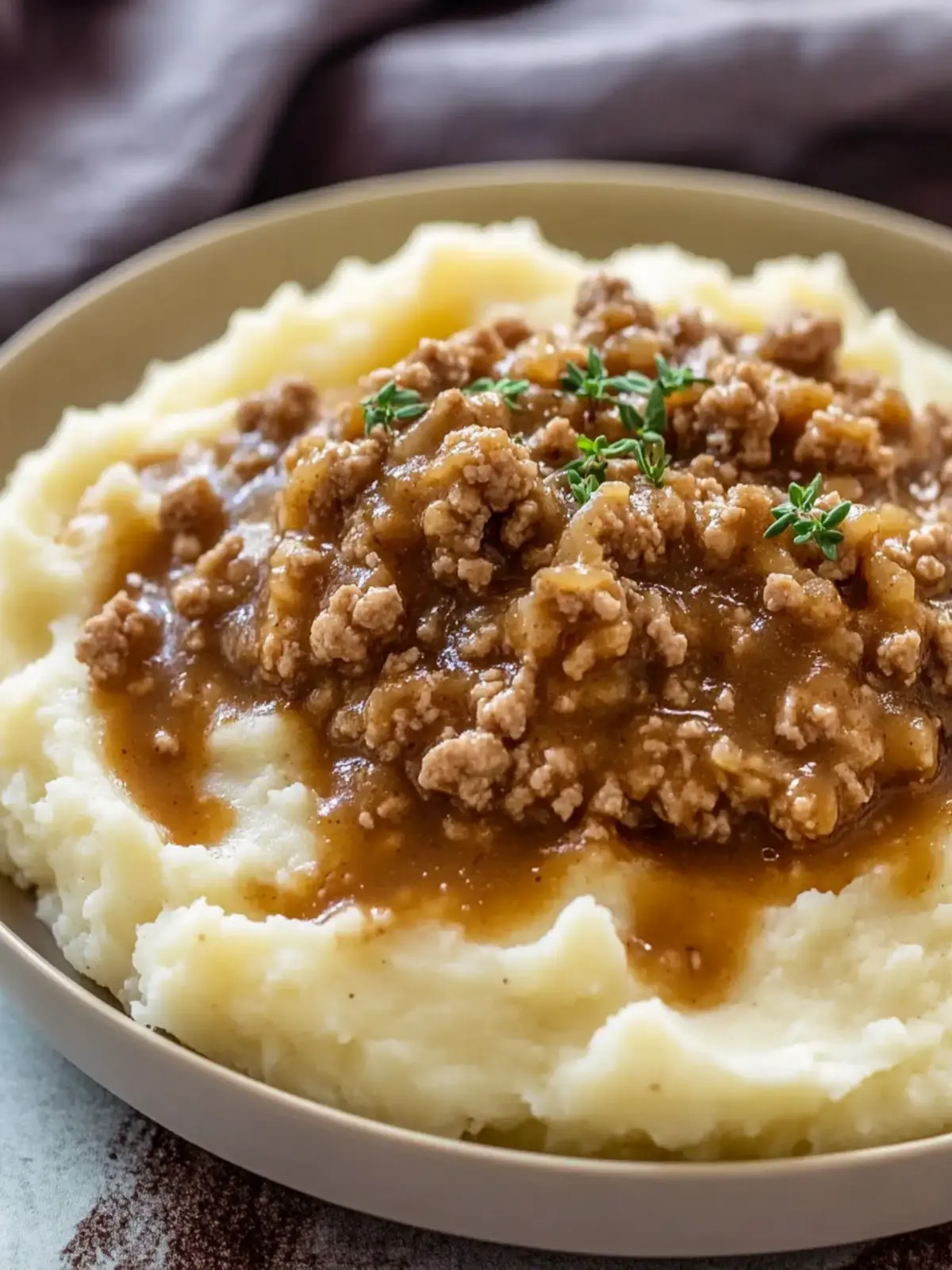 Ground Turkey and Gravy Over Mashed Potatoes