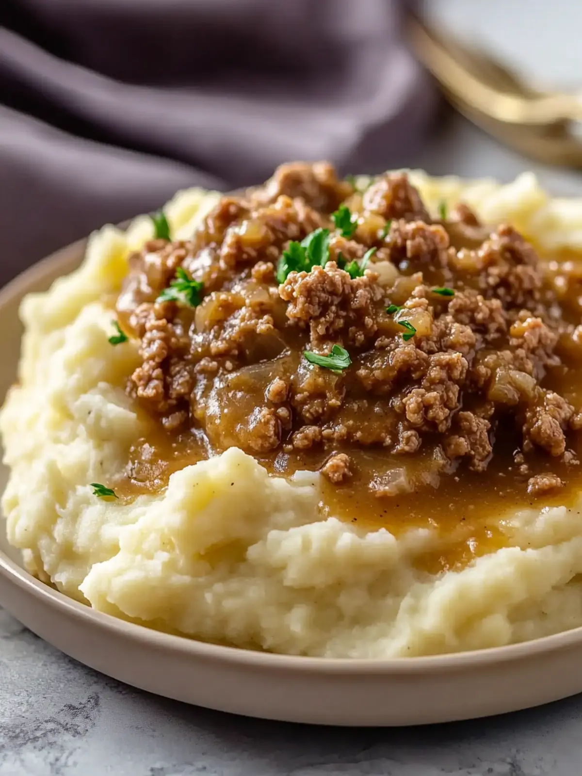 Ground Turkey and Gravy Over Mashed Potatoes