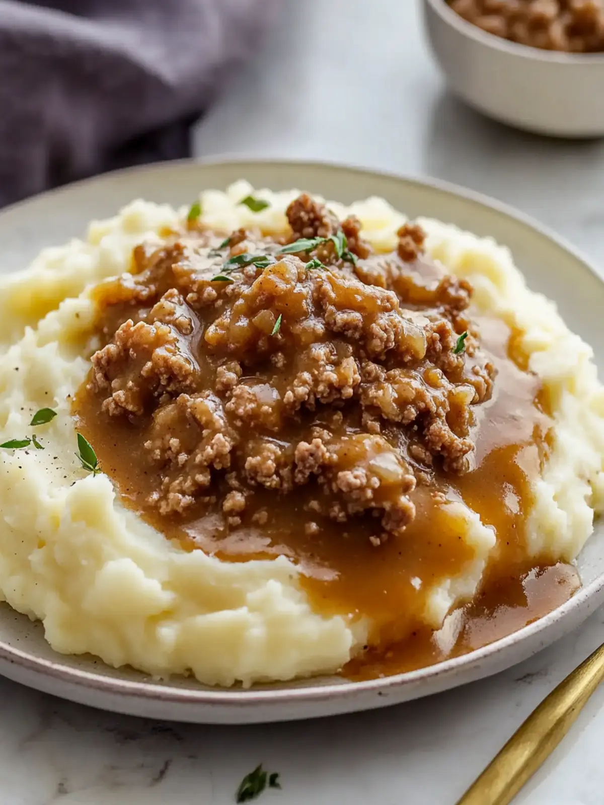 Ground Turkey and Gravy Over Mashed Potatoes